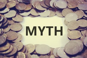 the word "myth" framed by coins