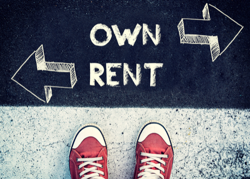 rent vs own- chalkboard with red sneakers in front.